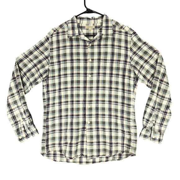 Uniqlo M Linen Blend Button Up Shirt Men Plaid Long Sleeve Gray Green Blue Black - Picture 1 of 12